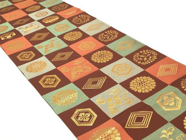 平和屋着物●六通柄 本袋帯 本聚織錦彩 市松草花文 金糸 正絹 逸品 DAAZ3236ob