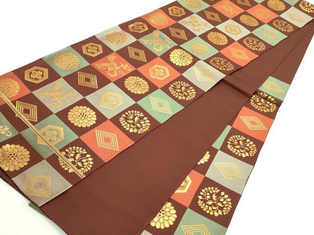 平和屋着物●六通柄 本袋帯 本聚織錦彩 市松草花文 金糸 正絹 逸品 DAAZ3236ob