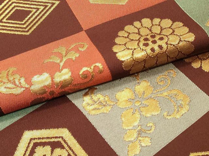 平和屋着物●六通柄 本袋帯 本聚織錦彩 市松草花文 金糸 正絹 逸品 DAAZ3236ob