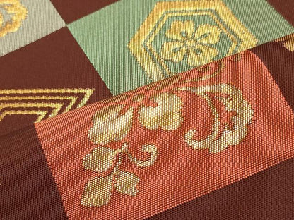 平和屋着物●六通柄 本袋帯 本聚織錦彩 市松草花文 金糸 正絹 逸品 DAAZ3236ob