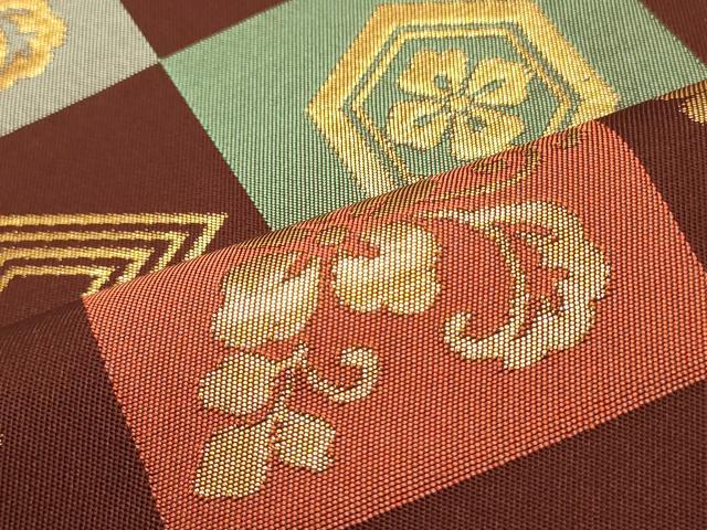 平和屋着物●六通柄 本袋帯 本聚織錦彩 市松草花文 金糸 正絹 逸品 DAAZ3236ob