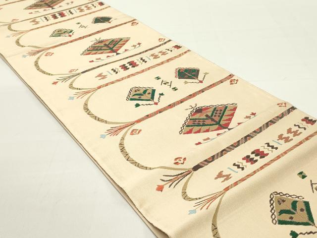 平和屋着物●六通柄袋帯 唐織 幾何学花間道 正絹 逸品 未使用 DAAZ3237ob
