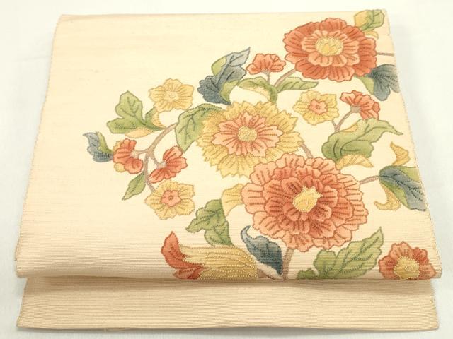 平和屋着物●中国三大刺繍　相良刺繍　八寸名古屋帯　紬地　草花文　正絹　逸品　DAAZ3242ob
