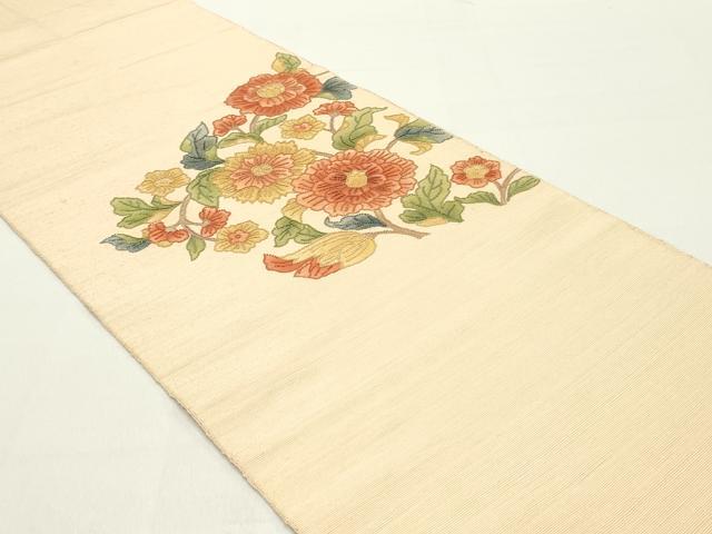 平和屋着物●中国三大刺繍　相良刺繍　八寸名古屋帯　紬地　草花文　正絹　逸品　DAAZ3242ob