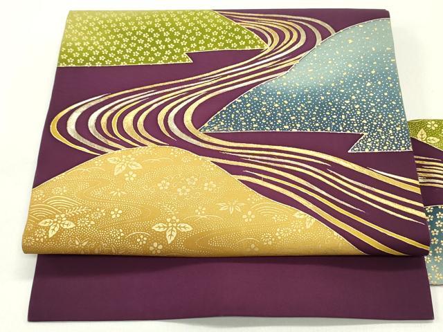 平和屋着物○塩瀬 九寸名古屋帯 流水草花文 金彩 正絹 逸品 DAAZ3252ob