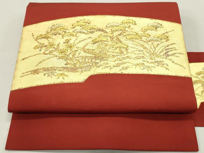 平和屋着物●塩瀬　九寸名古屋帯　刺繍　帆船花松文　金彩　正絹　逸品　DAAZ3260ob