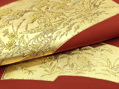 平和屋着物●塩瀬　九寸名古屋帯　刺繍　帆船花松文　金彩　正絹　逸品　DAAZ3260ob