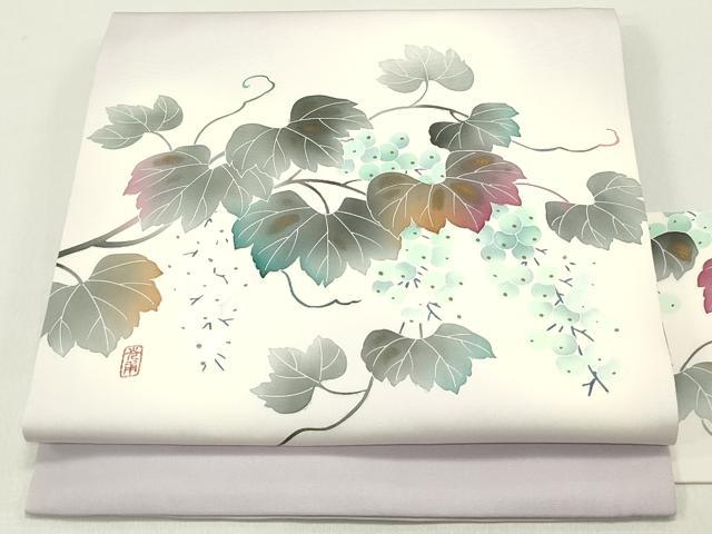 平和屋着物○塩瀬 九寸名古屋帯 作家物 葡萄蔦の葉文