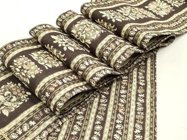 平和屋着物●両面　半幅帯　更紗花唐草間道　金糸　正絹　逸品　未使用　DAAZ3276ob