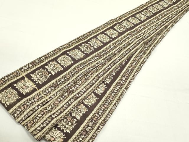 平和屋着物●両面　半幅帯　更紗花唐草間道　金糸　正絹　逸品　未使用　DAAZ3276ob