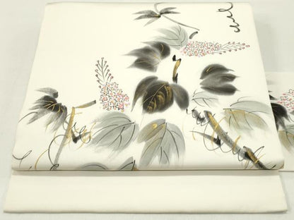 平和屋着物●塩瀬 九寸名古屋帯 作家物 手描き 蔦の葉花文 金彩 正絹 逸品 DAAZ3394ob