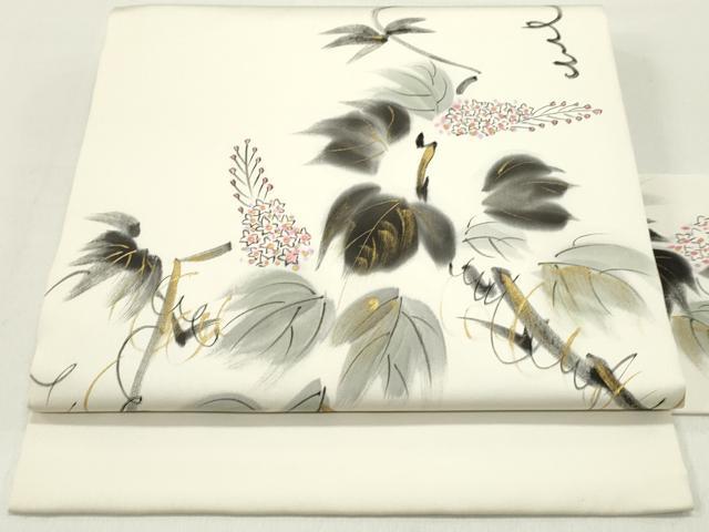 平和屋着物●塩瀬 九寸名古屋帯 作家物 手描き 蔦の葉花文 金彩 正絹 逸品 DAAZ3394ob