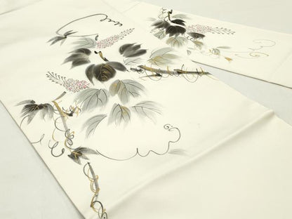 平和屋着物●塩瀬 九寸名古屋帯 作家物 手描き 蔦の葉花文 金彩 正絹 逸品 DAAZ3394ob