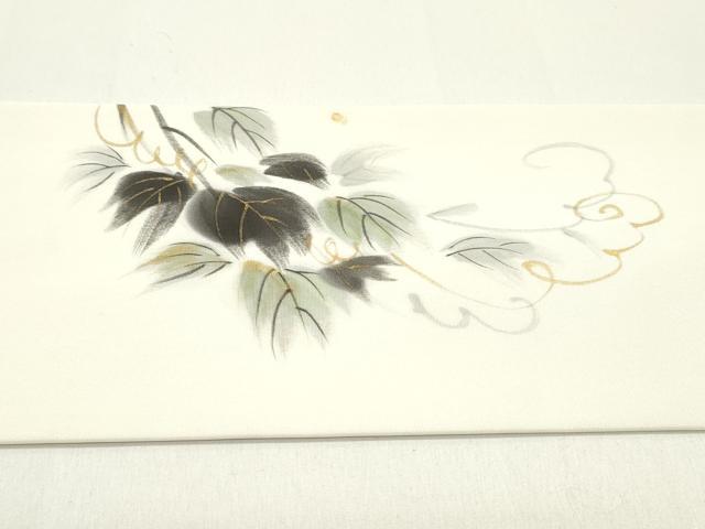 平和屋着物●塩瀬 九寸名古屋帯 作家物 手描き 蔦の葉花文 金彩 正絹 逸品 DAAZ3394ob