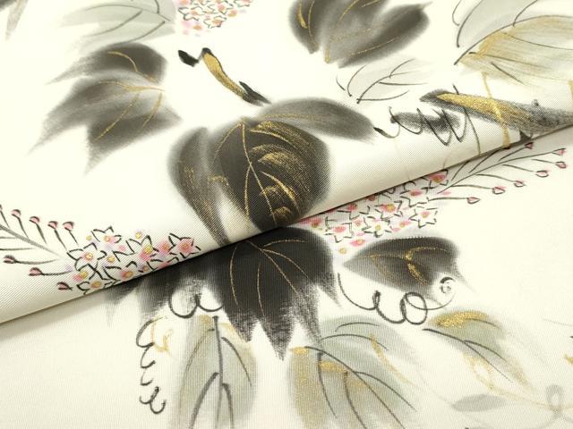 平和屋着物●塩瀬 九寸名古屋帯 作家物 手描き 蔦の葉花文 金彩 正絹 逸品 DAAZ3394ob