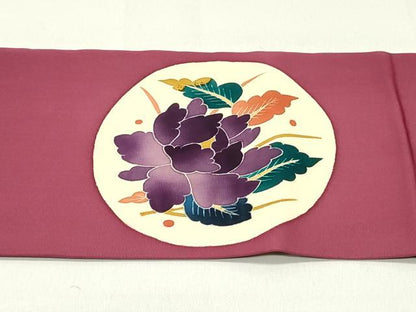 平和屋着物●本加賀友禅作家 木村雨山 九寸名古屋帯 花鳥丸文 浅蘇芳色 正絹 逸品 DAAZ3398ob