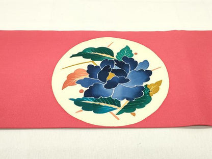 平和屋着物●本加賀友禅作家 木村雨山 九寸名古屋帯 花鳥丸文 赤紅色 正絹 逸品 DAAZ3400ob