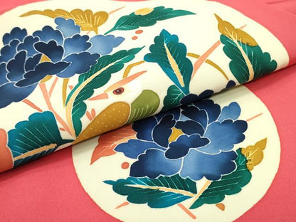 平和屋着物●本加賀友禅作家 木村雨山 九寸名古屋帯 花鳥丸文 赤紅色 正絹 逸品 DAAZ3400ob