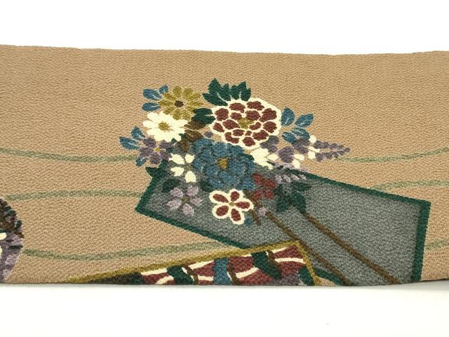 平和屋着物●全通柄九寸名古屋帯 短冊花下駄間道 鬼しぼ縮緬 正絹 逸品 DAAZ3411ob