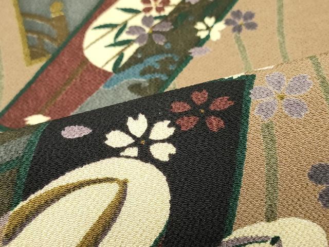 平和屋着物●全通柄九寸名古屋帯 短冊花下駄間道 鬼しぼ縮緬 正絹 逸品 DAAZ3411ob