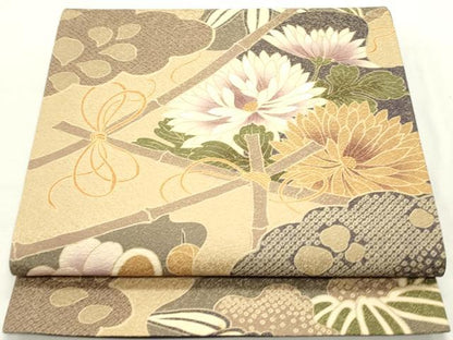 平和屋着物●全通柄袋帯 雲取り草花文 金通し地 正絹 逸品 DAAZ3415ob