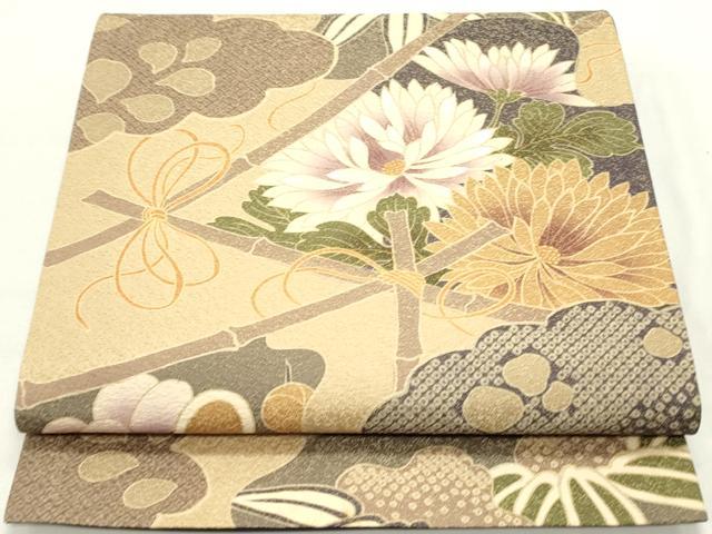 平和屋着物●全通柄袋帯 雲取り草花文 金通し地 正絹 逸品 DAAZ3415ob