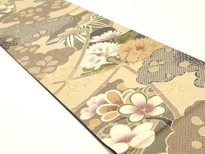 平和屋着物●全通柄袋帯 雲取り草花文 金通し地 正絹 逸品 DAAZ3415ob