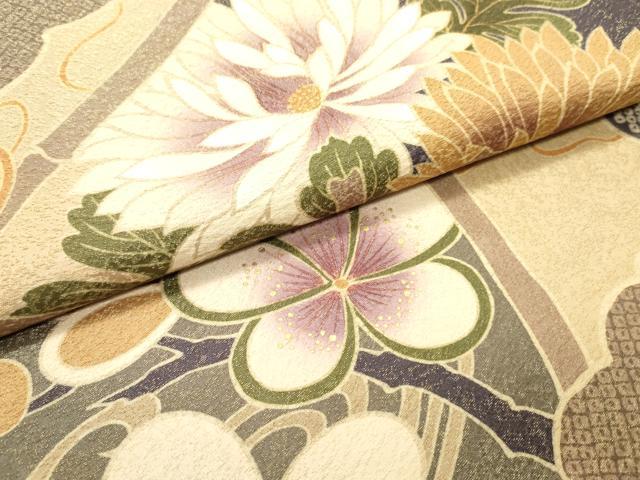 平和屋着物●全通柄袋帯 雲取り草花文 金通し地 正絹 逸品 DAAZ3415ob