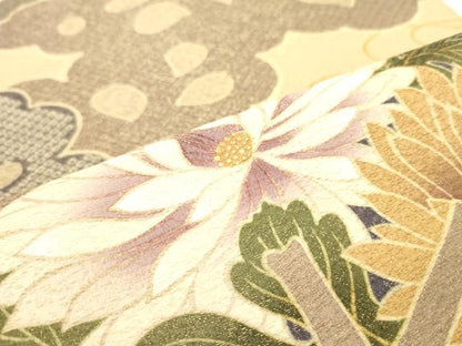 平和屋着物●全通柄袋帯 雲取り草花文 金通し地 正絹 逸品 DAAZ3415ob