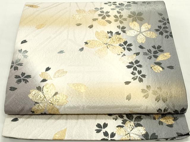 平和屋着物●全通柄袋帯 膨れ織 舞桜文 金通し地 正絹 逸品 DAAZ3416ob