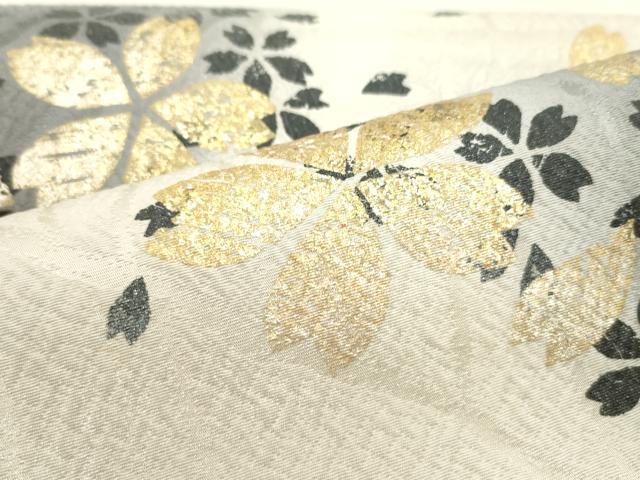 平和屋着物●全通柄袋帯 膨れ織 舞桜文 金通し地 正絹 逸品 DAAZ3416ob