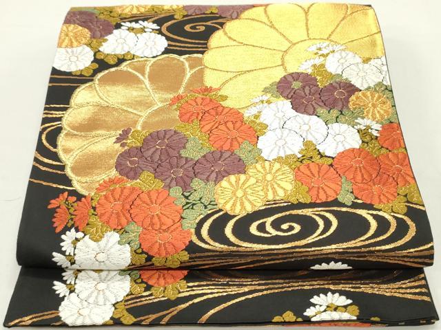 平和屋着物●西陣 河合美術織物謹製 六通柄袋帯 唐織 流水舞菊文 黒地 金糸 正絹 逸品 DAAZ3417ob