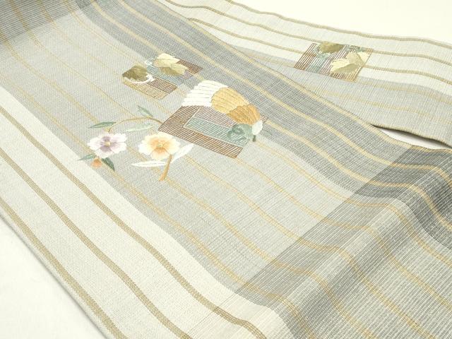 平和屋着物▽九寸名古屋帯 スリーシーズン 春夏秋 総刺繍 源氏香草花文 金通し地 正絹 逸品 DAAZ3422ob