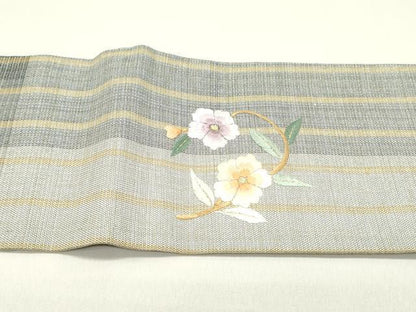 平和屋着物▽九寸名古屋帯 スリーシーズン 春夏秋 総刺繍 源氏香草花文 金通し地 正絹 逸品 DAAZ3422ob