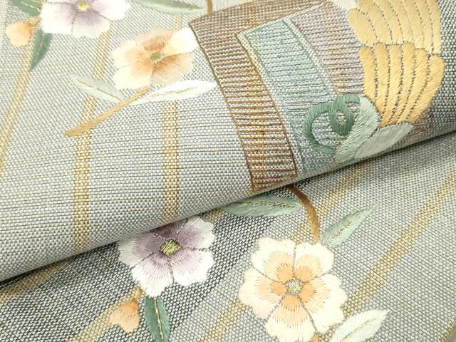 平和屋着物▽九寸名古屋帯 スリーシーズン 春夏秋 総刺繍 源氏香草花文 金通し地 正絹 逸品 DAAZ3422ob