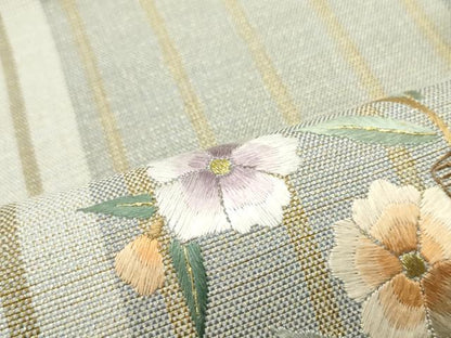 平和屋着物▽九寸名古屋帯 スリーシーズン 春夏秋 総刺繍 源氏香草花文 金通し地 正絹 逸品 DAAZ3422ob