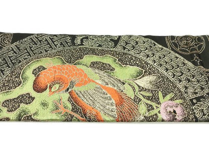 平和屋着物●アンティーク 大正ロマン 九寸名古屋帯 鳳凰吉祥草花丸文 黒地 金糸 正絹 逸品 DAAZ3424ob