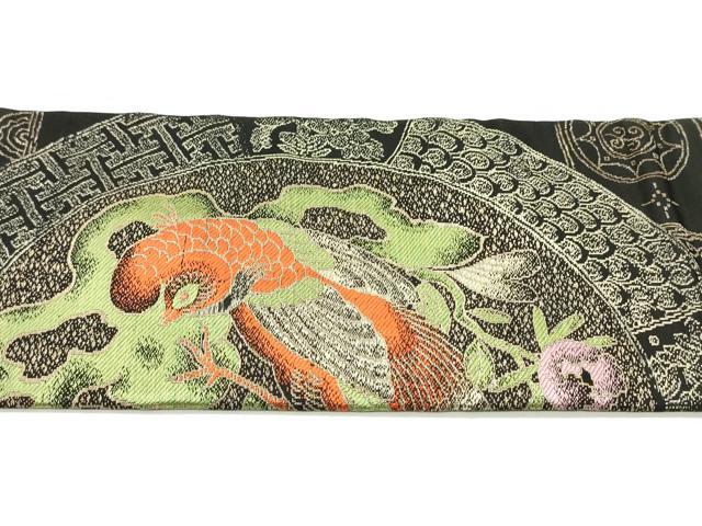 平和屋着物●アンティーク 大正ロマン 九寸名古屋帯 鳳凰吉祥草花丸文 黒地 金糸 正絹 逸品 DAAZ3424ob