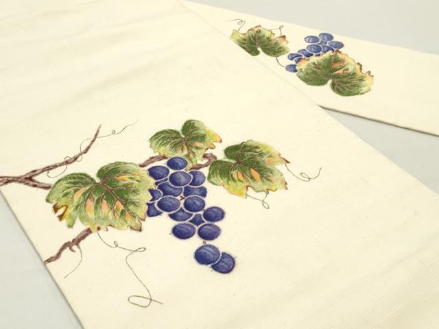 平和屋着物●九寸名古屋帯 手描き 紬地 葡萄蔦の葉文 正絹 逸品 DAAZ3434ob