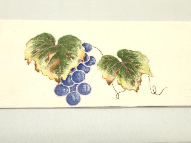 平和屋着物●九寸名古屋帯 手描き 紬地 葡萄蔦の葉文 正絹 逸品 DAAZ3434ob
