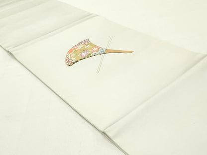 平和屋着物●塩瀬 九寸名古屋帯 檜扇吉祥花文 金彩 正絹 逸品 DAAZ3440ob