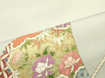 平和屋着物●塩瀬 九寸名古屋帯 檜扇吉祥花文 金彩 正絹 逸品 DAAZ3440ob