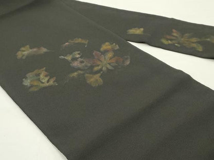 平和屋着物●九寸名古屋帯 舞葉文 黒地 鬼しぼ縮緬 正絹 逸品 未使用 DAAZ3441ob