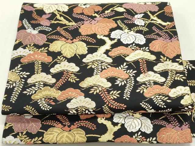 平和屋着物●九寸名古屋帯 唐織 枝垂れ藤松文 黒地 金糸 正絹 逸品 DAAZ3443ob