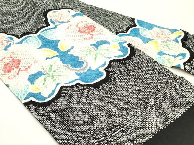 平和屋着物●名門 藤娘きぬたや・総絞り 九寸名古屋帯 草花文 黒地 正絹 逸品 DAAZ3447ob