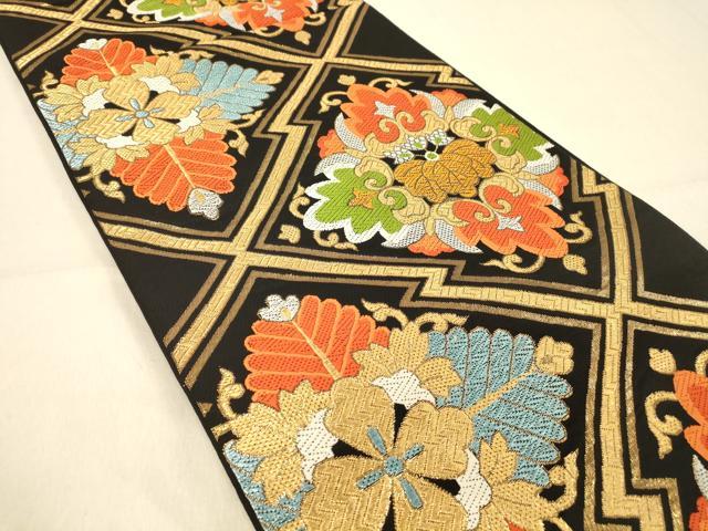 平和屋着物◎六通柄　本袋帯　松皮菱草花文　黒地　金銀糸　正絹　逸品　DAAZ3521jm