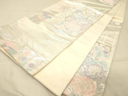 平和屋着物◎六通柄袋帯　唐織　九百錦　渡橋鳳凰花文　銀糸　正絹　逸品　DAAZ3524jm