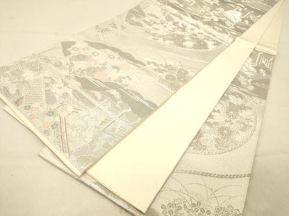 平和屋着物◎六通柄袋帯　源氏扇絵巻文　プラチナ二重箔　正絹　逸品　DAAZ3525jm