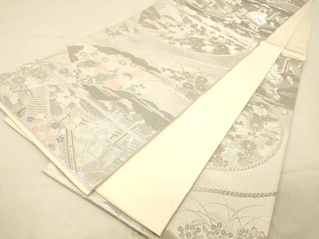 平和屋着物◎六通柄袋帯　源氏扇絵巻文　プラチナ二重箔　正絹　逸品　DAAZ3525jm
