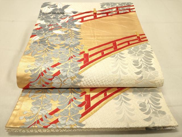 平和屋着物◎六通柄袋帯　唐織　蒔絵錦　手引箔　渡橋花文　金銀糸　正絹　逸品　DAAZ3532jm